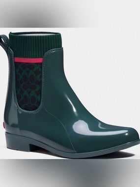 COACH JADE Millie Rain Booties /Dark Jade/Red/ Knit Size 7 NWT